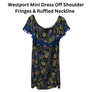 Westport Slip-On Mini Dress Off Shoulder Fringes & Ruffled Neckline Women's M